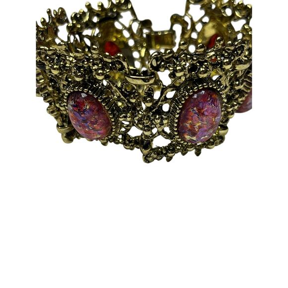 Unbranded Jewelry - 50's Vintage Pink Confetti Dragon Eye Lucite Cabochon Gold Tone Chunky Bracelet